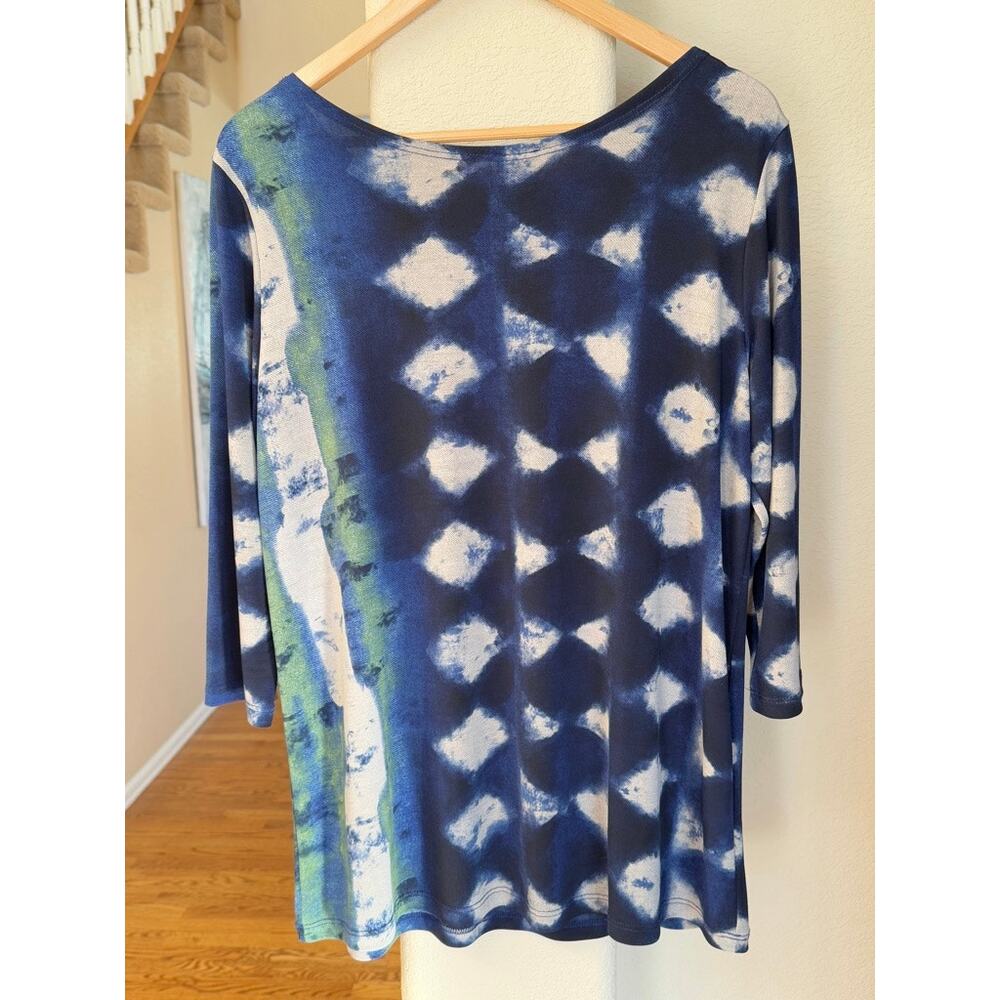 Clara Sun Woo Ikat Pattern Boat Neck 3/4 Sleeve Stretch Lagenlook Tunic Top Sz M - Picture 2 of 5